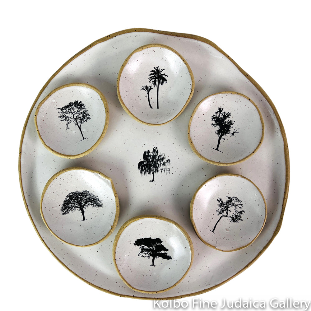 Seder Plate, Hand Painted Trees on White and Natural High Fired Ceramic