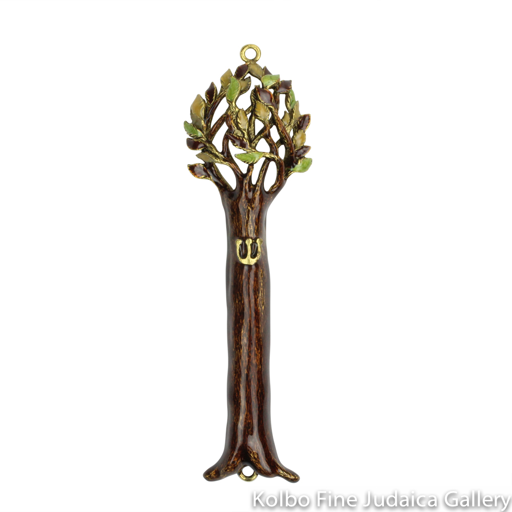 Mezuzah, Tree of Life Design in Brown and Gold, Pewter with Enamel