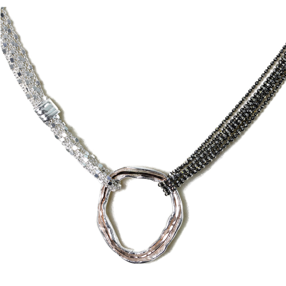 Neckalce, Mutli Strand Oxidized and Matte Sterling Silver Chains, Center Gold Filled Ring