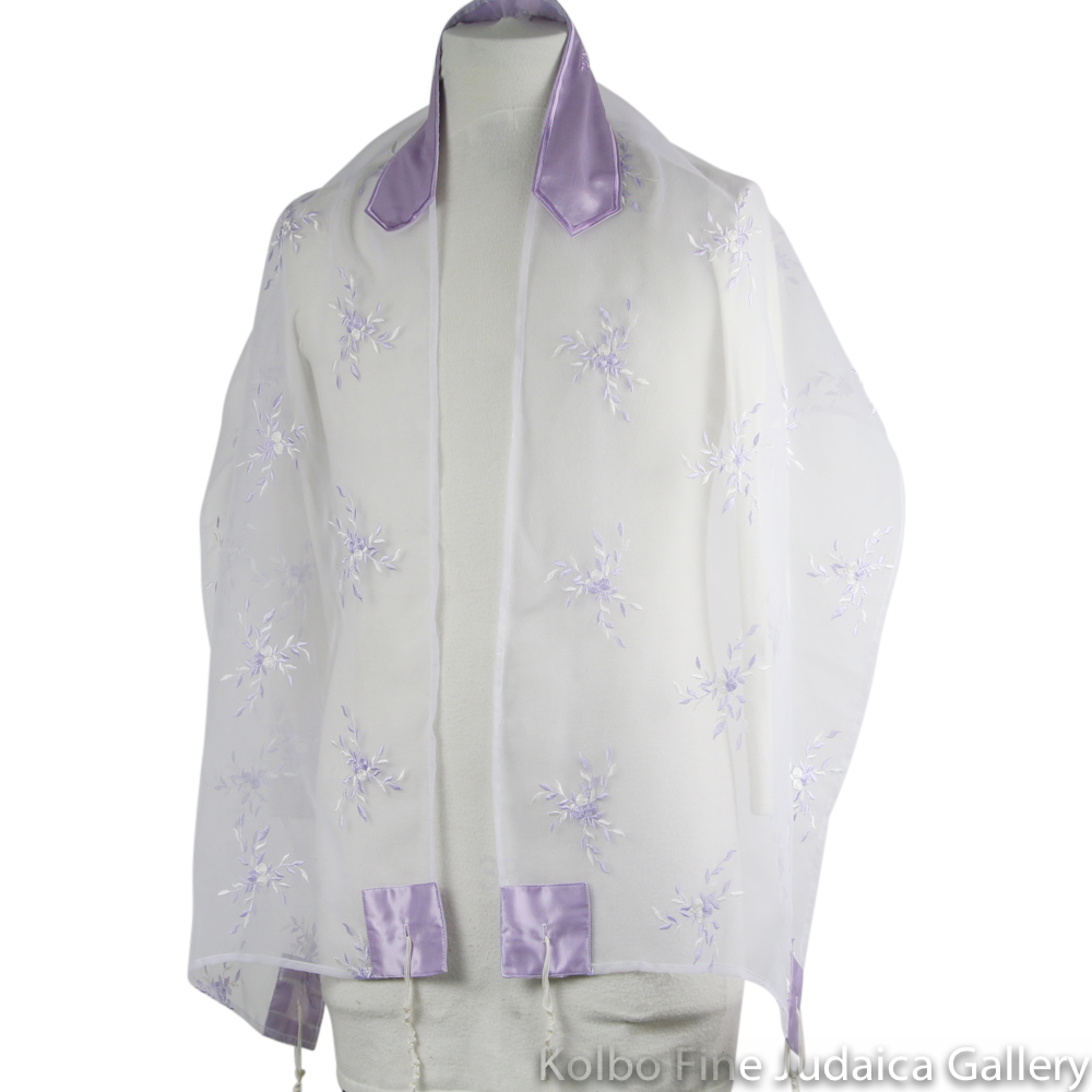 Tallit Set, Lavender Floral Design on Sheer White Organza