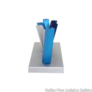 Menorah, Arrangeable Design, Multi-Blue Anodized Aluminum on Silver Base