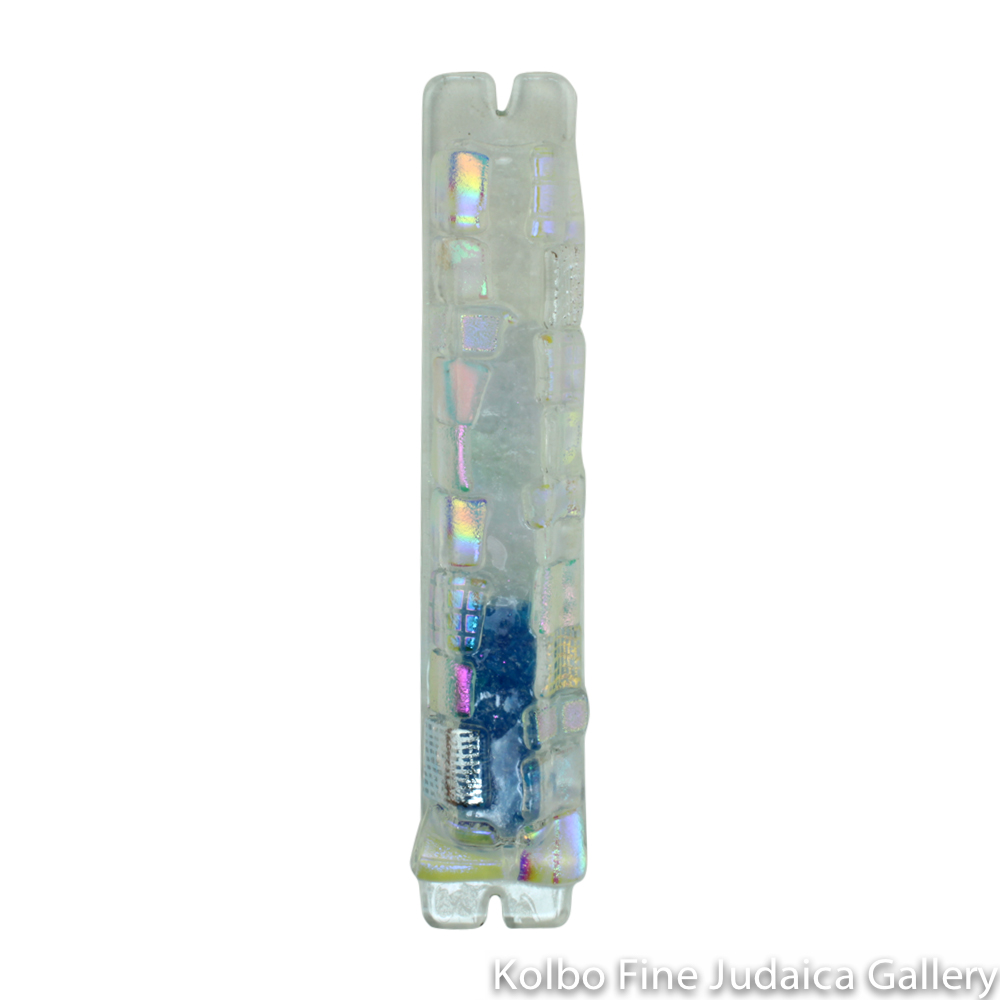 Wedding Glass Mezuzah, Clear Design with Clear Dichroic Squares, Fused Glass