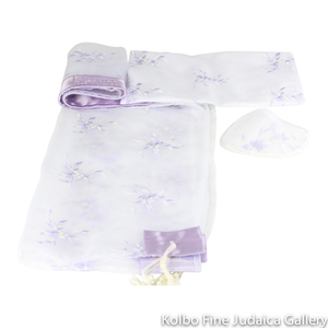 Tallit Set, Lavender Floral Design on Sheer White Organza