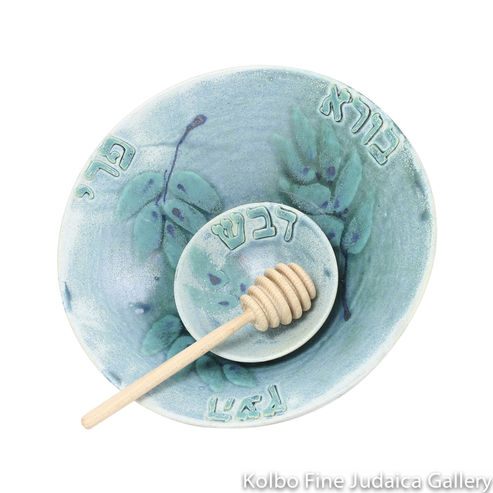 Honey and Apple Set, Blue with Branches and Leaves, High Fired Pottery