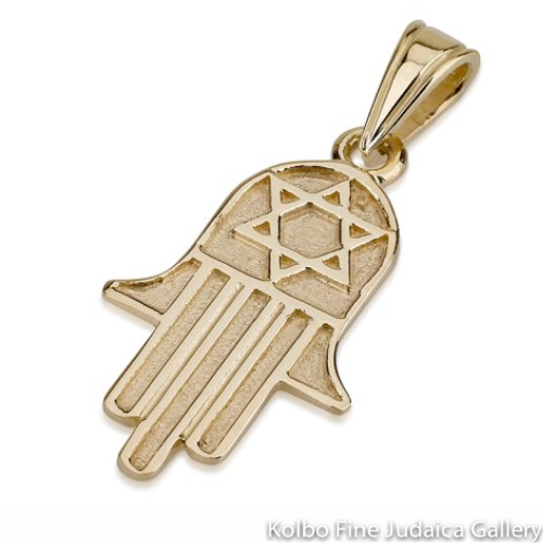 Pendant, Hamsa, Solid with Line Detail and Star, 14K Gold