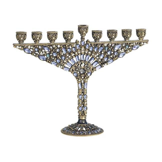 Menorah, Hand Set Clear and Sapphire European Crystals, Bronze Finished Pewter