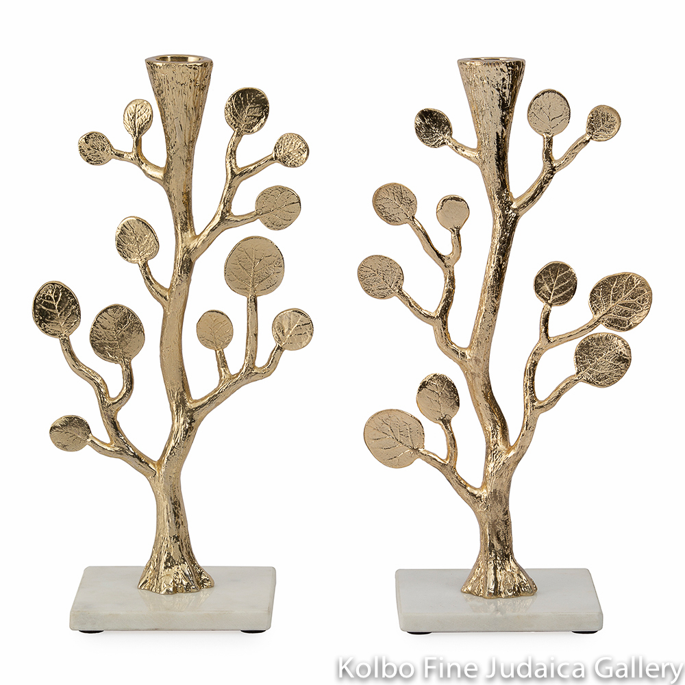 Candlesticks, Golden Botanical Leaf Design, Goldtone and Marble