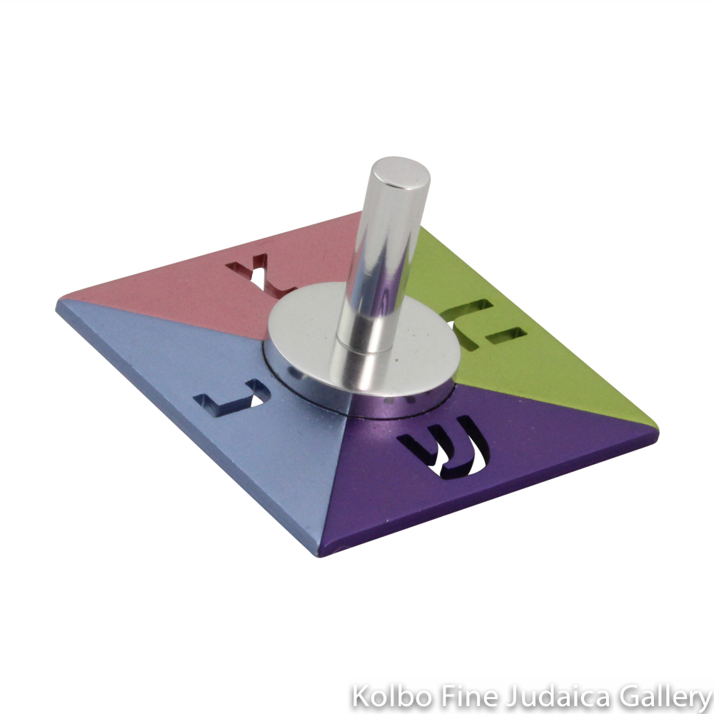 Dreidel, Square Design, Green, Purple, Pink, Blue Toned Anodized Aluminum