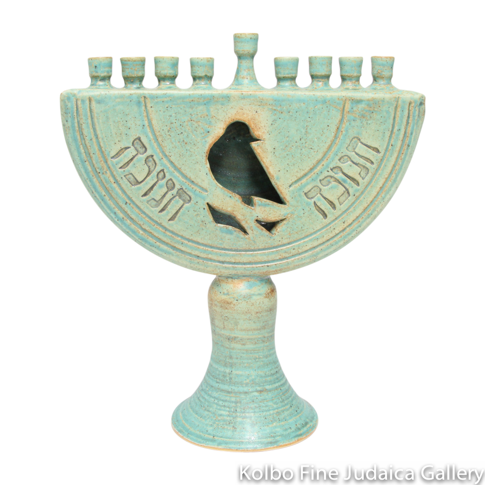 Menorah, Pedestal Design With Dove, Patina Glaze, Ceramic