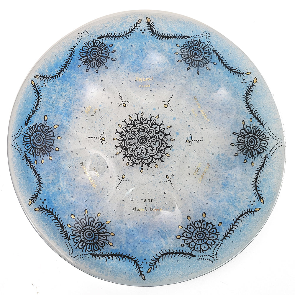 Seder Plate, Hand Painted Enamel Design with Gold Leaf Detail, One Of A Kind Piece