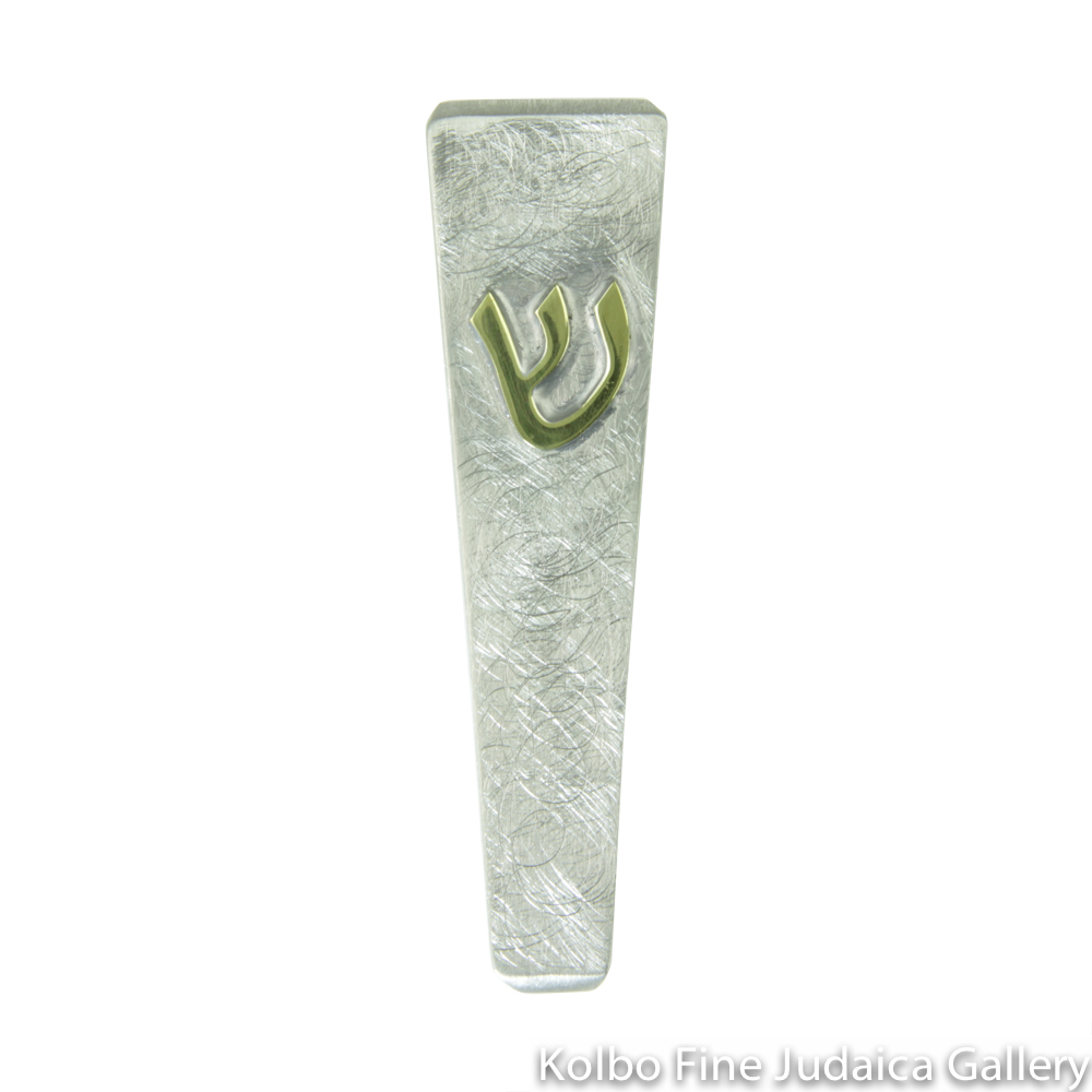 Mezuzah, Sanded Finish on Tapered Rectangle, Pewter with Brass Shin