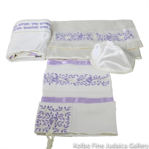 Tallit Set, Embroidered Vine Design in Lavender on White Brushed Cotton