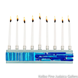 Menorah, Parting of the Sea Design, Vertical and Horizontal Icicles, Fused Glass