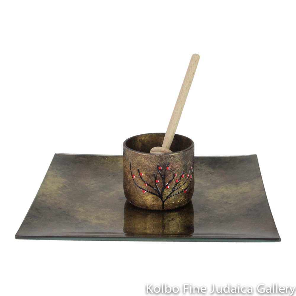 Honey and Apple Set, Hand-Painted Glass with Apple Tree on Cup in Copper Tones