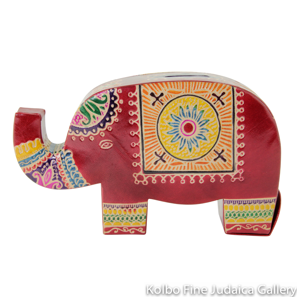 Tzedakah Box, Elephant Design, Hand Painted Tooled Leather