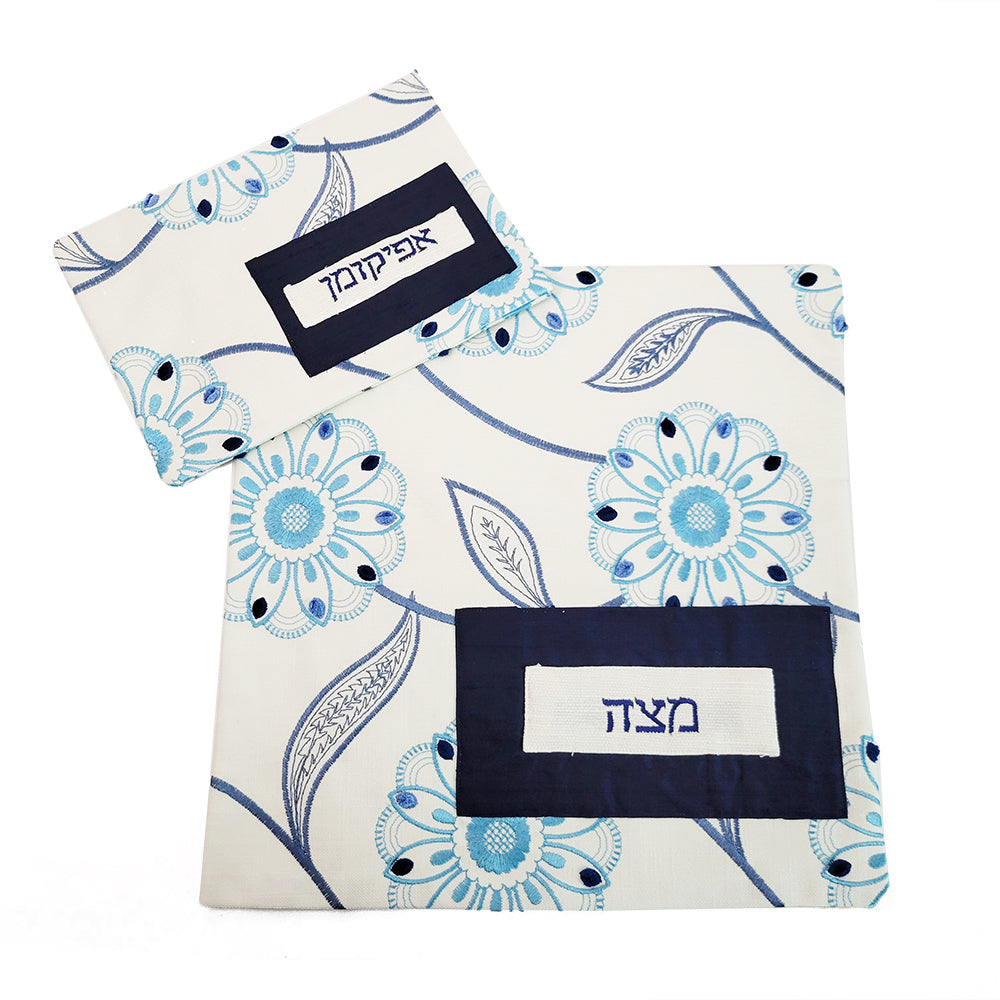 Matzah and Afikomen Set, One-of-a Kind Set, Blue Floral and Leaf Design