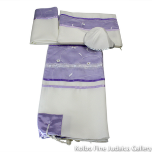 Tallit Set, Lavender Floral Design on White, Viscose
