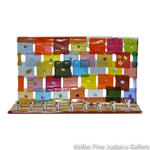 Menorah, Rainbow Quilt Design, Multicolor Overlapping Fused Glass Squares with Amber Base, Dichroic Detail, Large