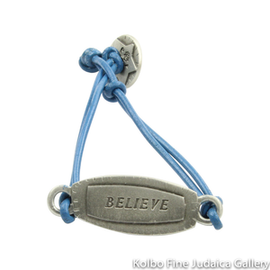 Bracelet, Believe Design in Hebrew and English, Pewter with Leather Cord