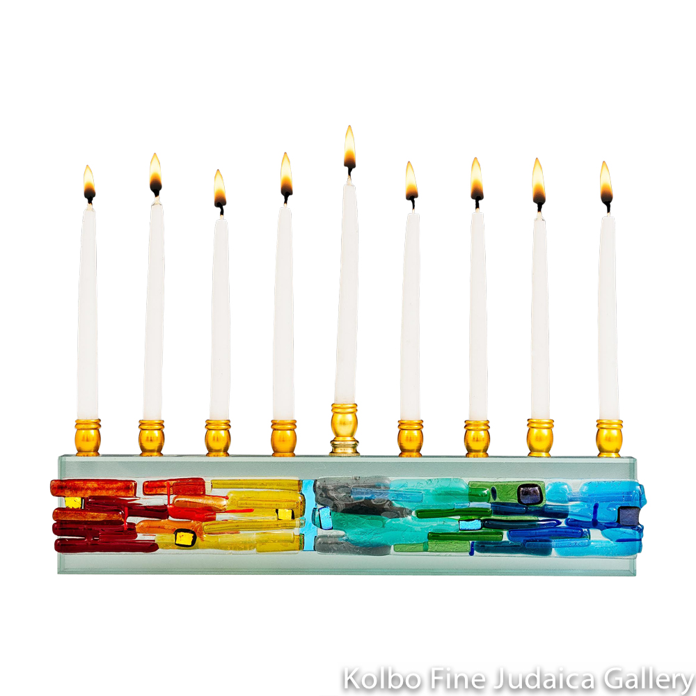 Menorah, Parting of the Sea Design, Rainbow, Fused Glass