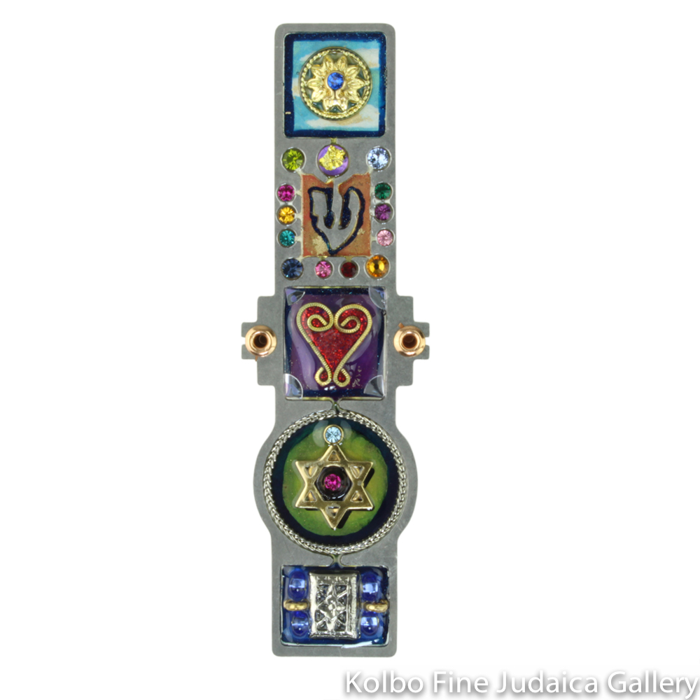 Mezuzah, Heart and Star Design, Resin on Stainless Steel with Crystals