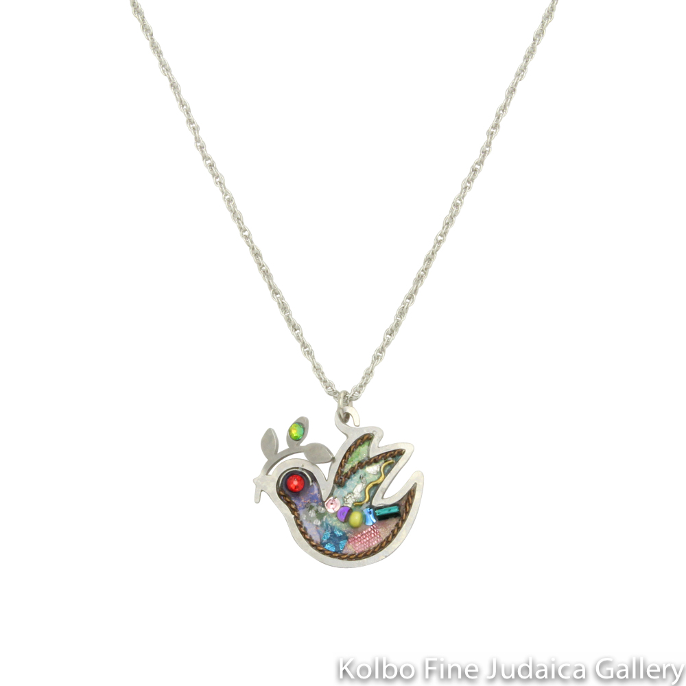 Necklace, Dove with Olive Branch, Resin on Stainless Steel with Crystals and Beads