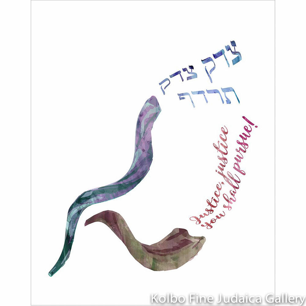 Justice Justice, Shofar Design, Hebrew and English, Framed