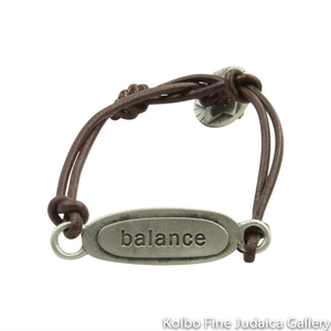 Bracelet, Balance Design in Hebrew and English, Pewter with Leather Cord