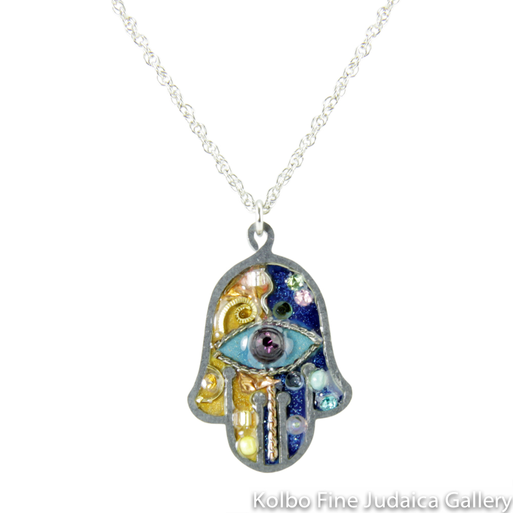 Necklace, Hamsa in Blue and Gold, Resin on Stainless Steel with Crystals and Beads