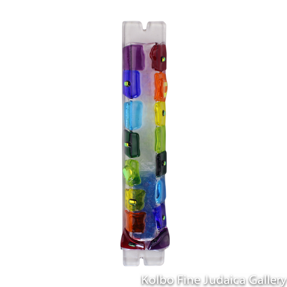 Wedding Glass Mezuzah, Rainbow Block Design, Fused Glass