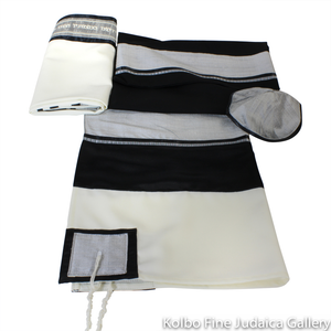 Tallit Set, Black Stripes with Silver Raw Silk on White, Wool