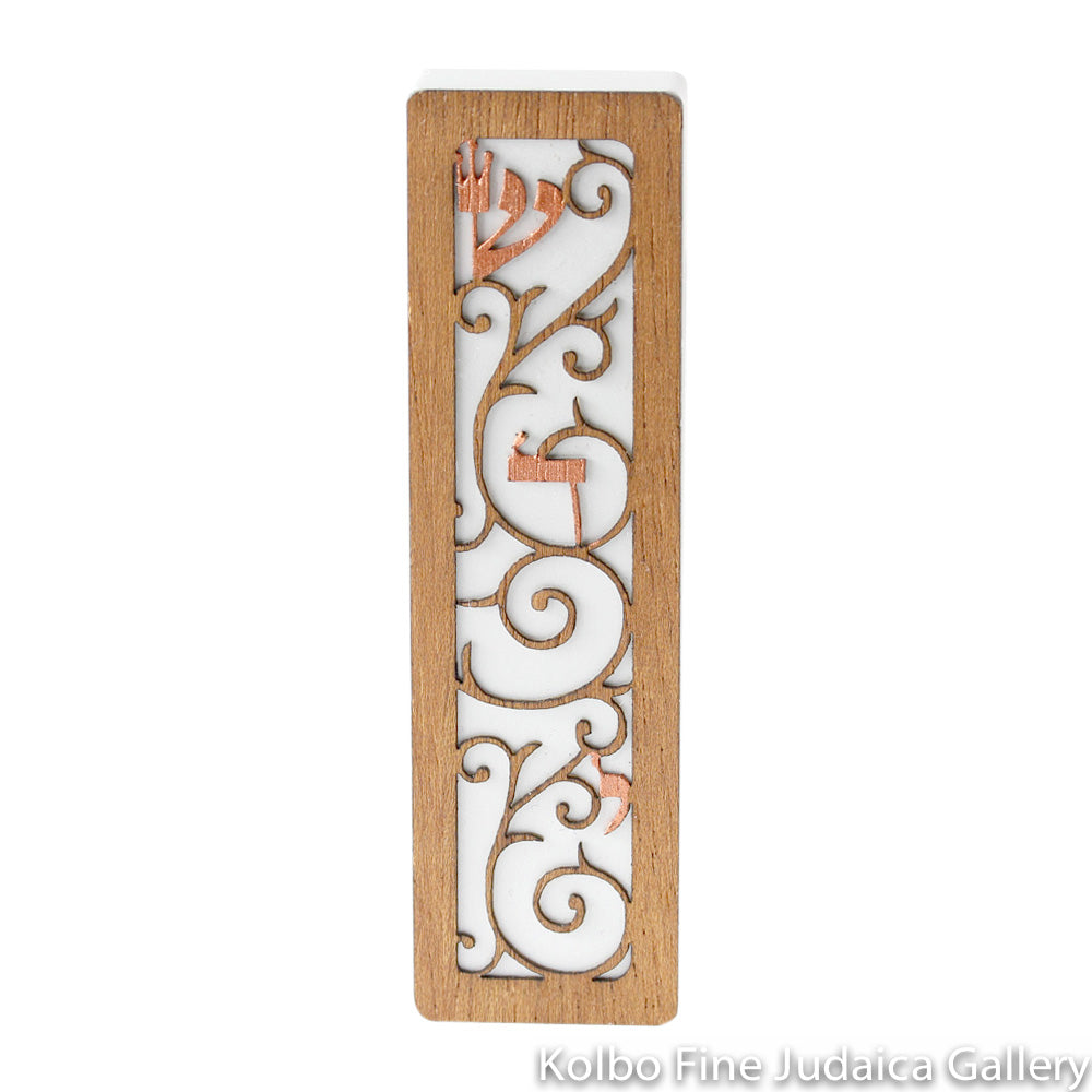Mezuzah, Swirl Design, Cut Wood and Aluminum Base, Silver Background