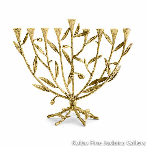 Menorah, Olive Branch Design, Natural Brass