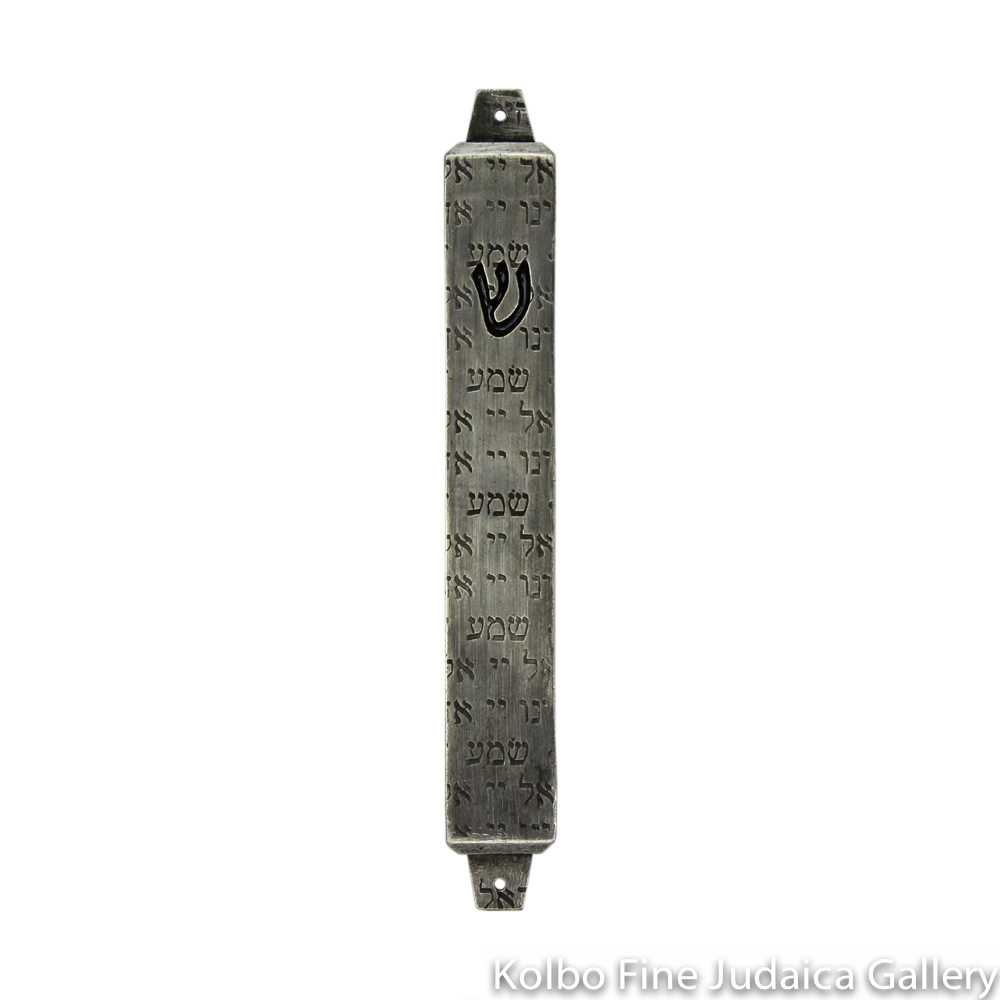 Mezuzah, Shema Finish on Rectangle, Pewter with Embossed Shin