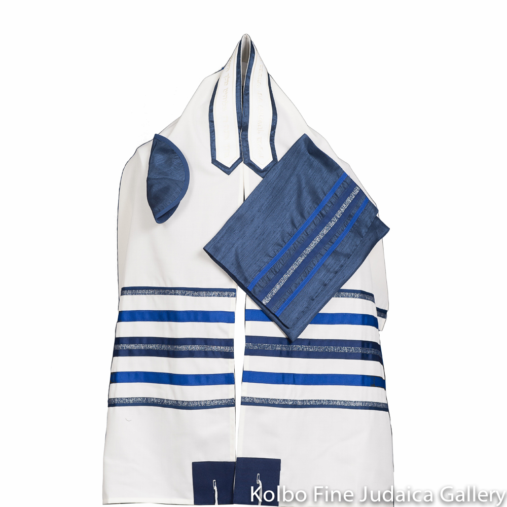 Tallit Set, Thin Blue and Silver Stripes on White Background, Fine Wool