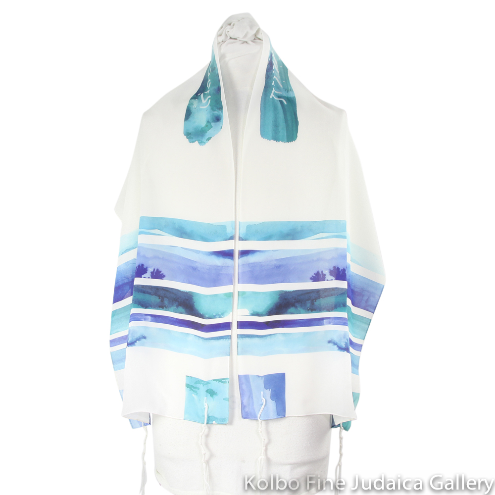 Tallit Set, Teal and Blue Watercolor Stripes, Silk