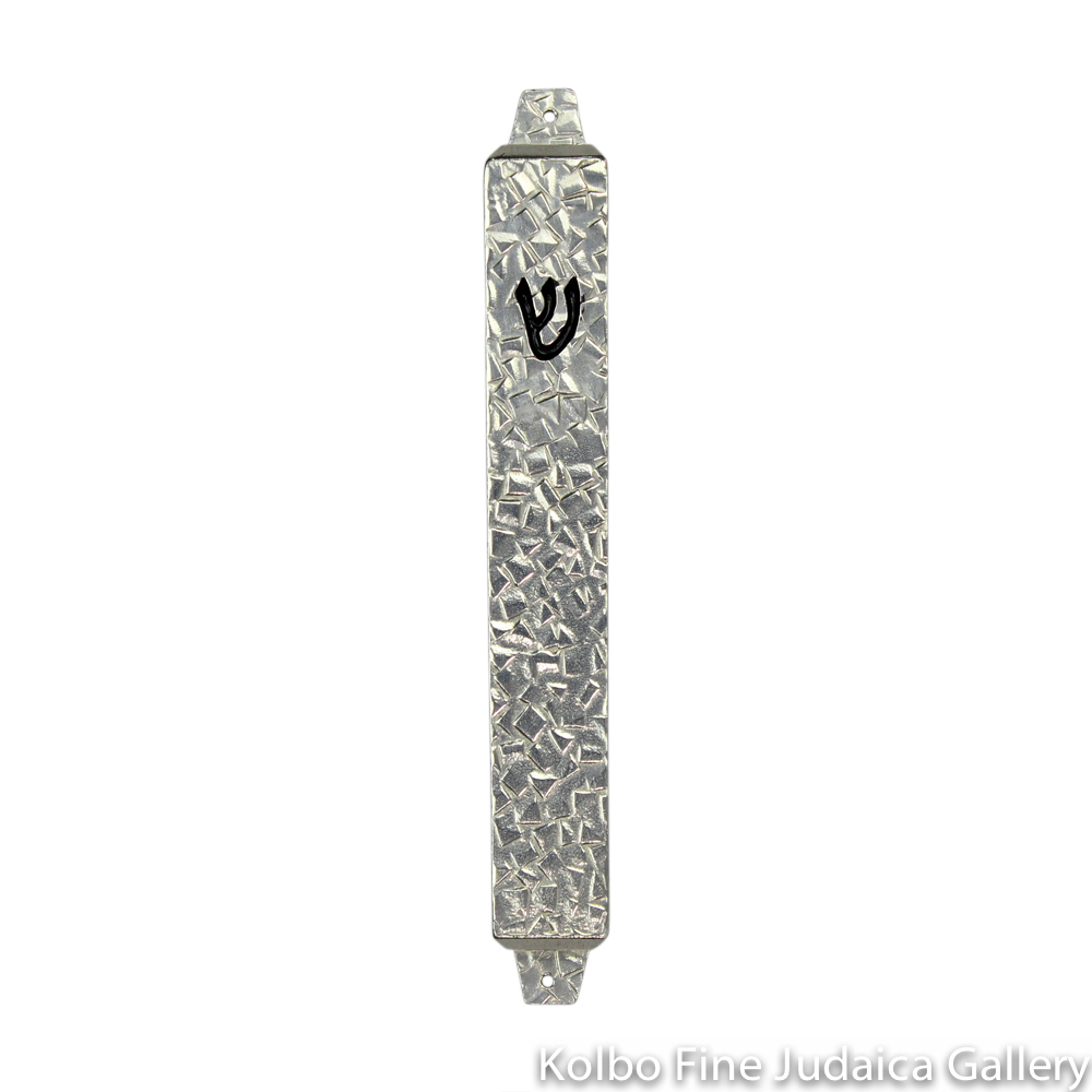 Mezuzah, Stone Finish on Rectangle, Pewter with Embossed Shin