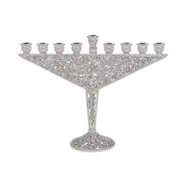Menorah, Hand Set Clear European Crystals, Silver Finish Over Pewter