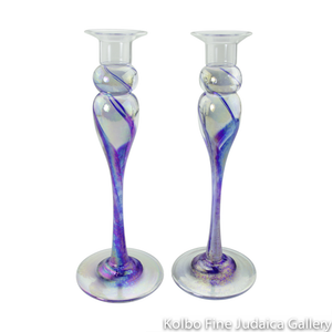 Candlesticks, Iridescent Blue Design, Hand-Blown Glass with Pyrex Candleholders