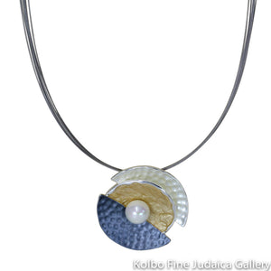 Necklace, Hammered With Center Sea Shell Pearl, Silver and Gold Plate