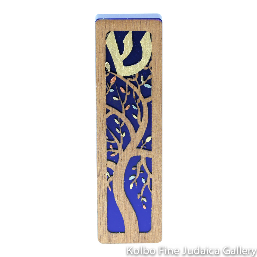 Mezuzah, Tree of Life Design, Cut Wood with Aluminum Base, Blue Background