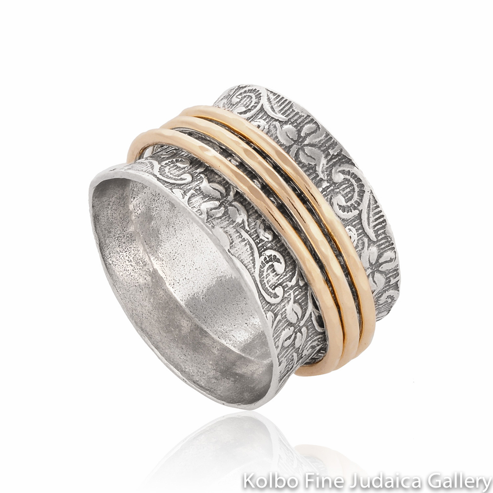 Ring, Wide Sterling Silver Band with Filigree, Three Thin Gold-Filled Spinner Bands