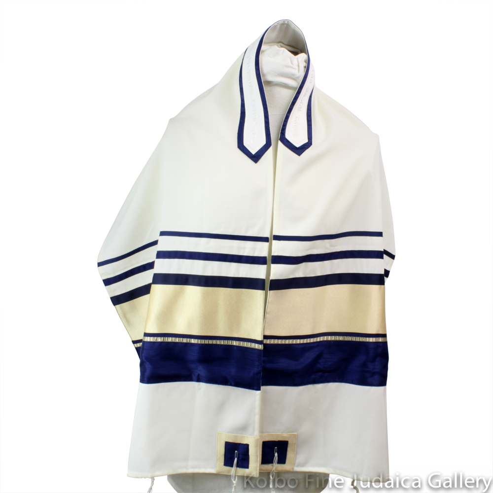 Tallit Set, Large Gold and Navy Blue Stripes on White Wool