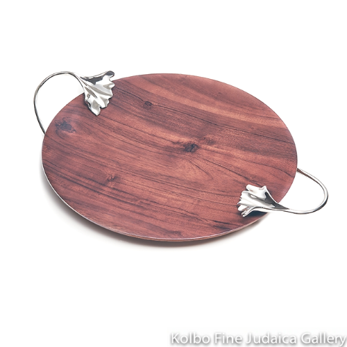 Challah Board, Round, Ginkgo Design, Acacia Wood with Slight Bow, Stai -  Kolbo Fine Judaica Gallery