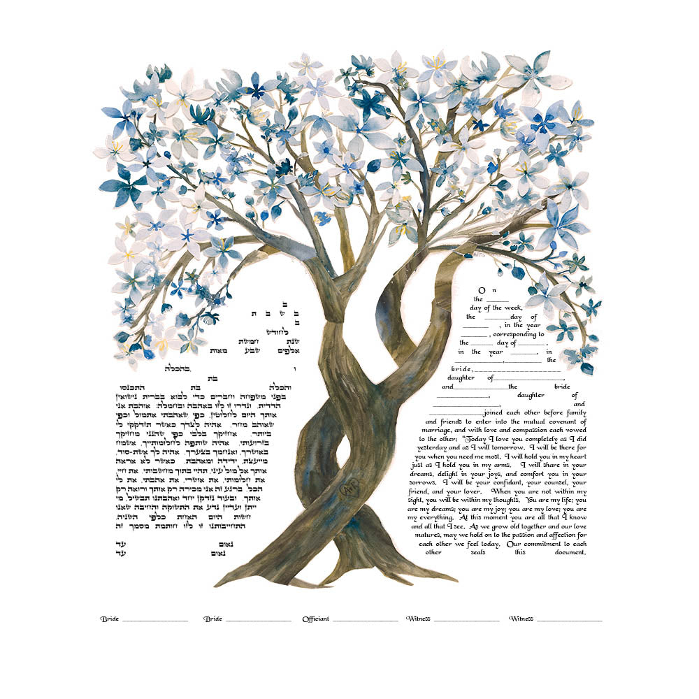 Cherry Blossoms - Blue Ketubah, Giclee Print