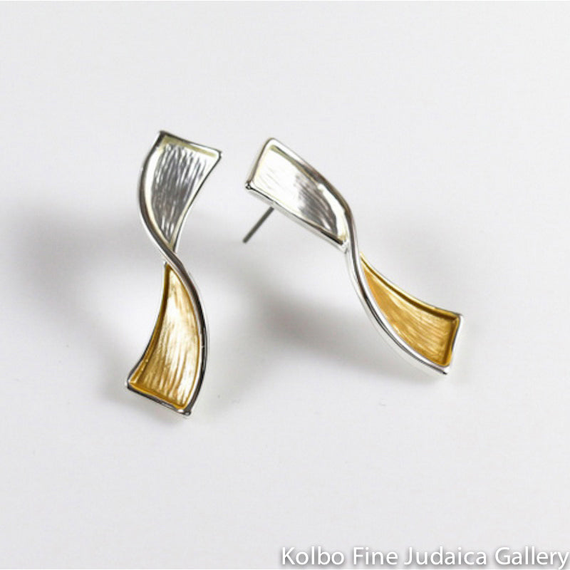 Earrings, Ribbon Design, Silver and Gold Plate, Posts