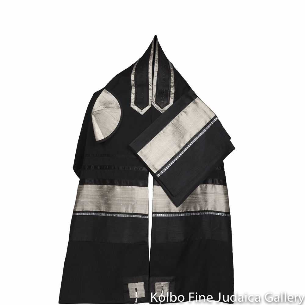 Tallit Set, Black Wool Background with Silver Raw Silk Accents