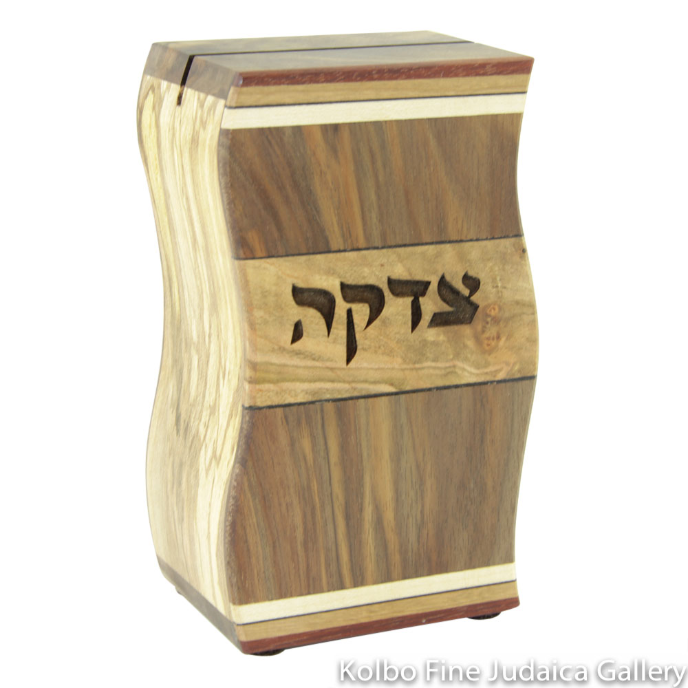 Tzedakah Box, Wavy Design, Mixed Woods