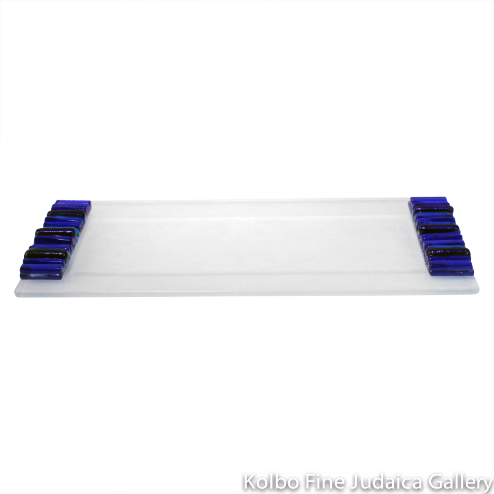 Tray for Candlesticks, Iridescent Icicle Design, Cobalt Blue and Frosted Glass
