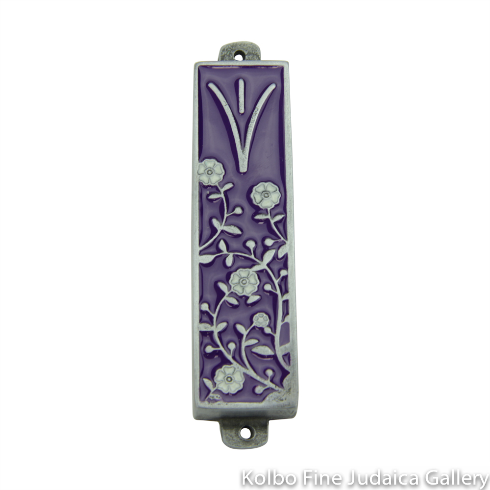 Mezuzah, Purple Background with White Flower Design, Pewter with Enamel
